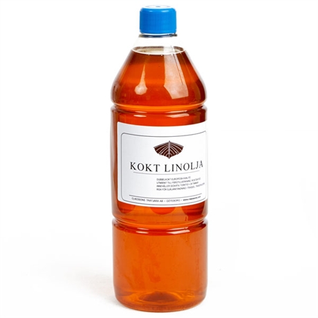 Flaska fylld med linolja av högsta kvalité. Linoljan ger exeptionellt träskydd.